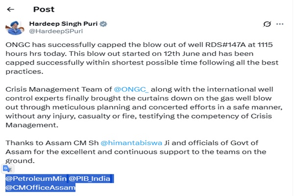 ONGC successfully caps leaking crude oil well in Assam’s Sivasagar: Union Minister Hardeep Singh Puri