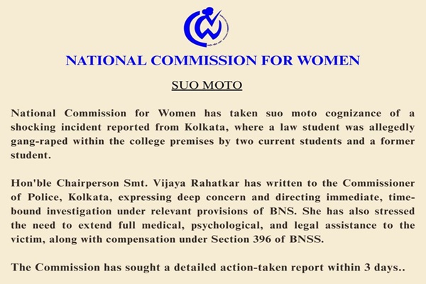NCW takes suo motu cognizance of alleged gang-rape of student in Kolkata college