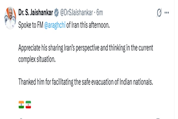 EAM Jaishankar speaks with Iranian Foreign Minister, appreciates evacuation support