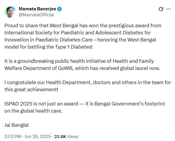 শিশুদের মধ্যে ডায়বেটিস রোগ প্রতিরোধে আন্তর্জাতিক স্তরে সম্বর্ধিত হয়েছে পশ্চিমবঙ্গ