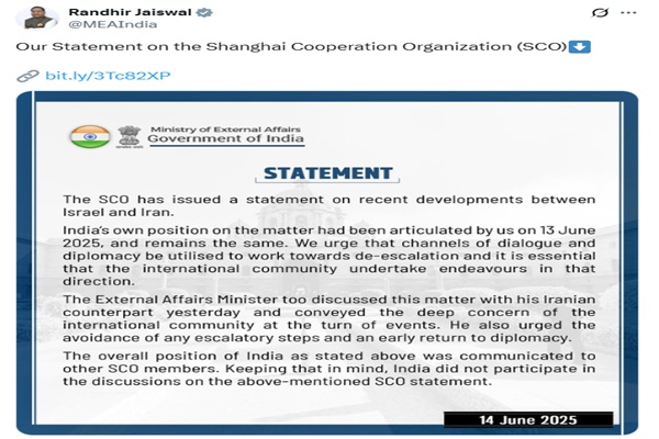 India Reiterates Call for De-escalation Amid Israel-Iran Tensions; Skips SCO Statement Discussions