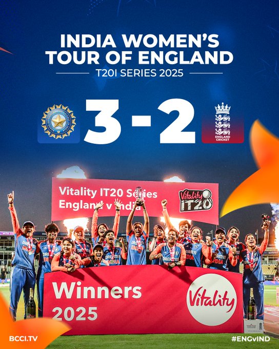ভারত, ইংল্যান্ডের বিরূদ্ধে মহিলাদের টি টোয়েন্টি সিরিজ ৩-২ জিতে নিয়েছে।
