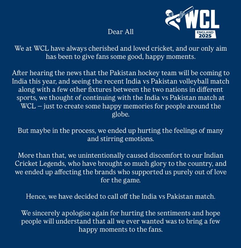 India Champions, Pakistan Champions called off at World Championship of Legends 2025