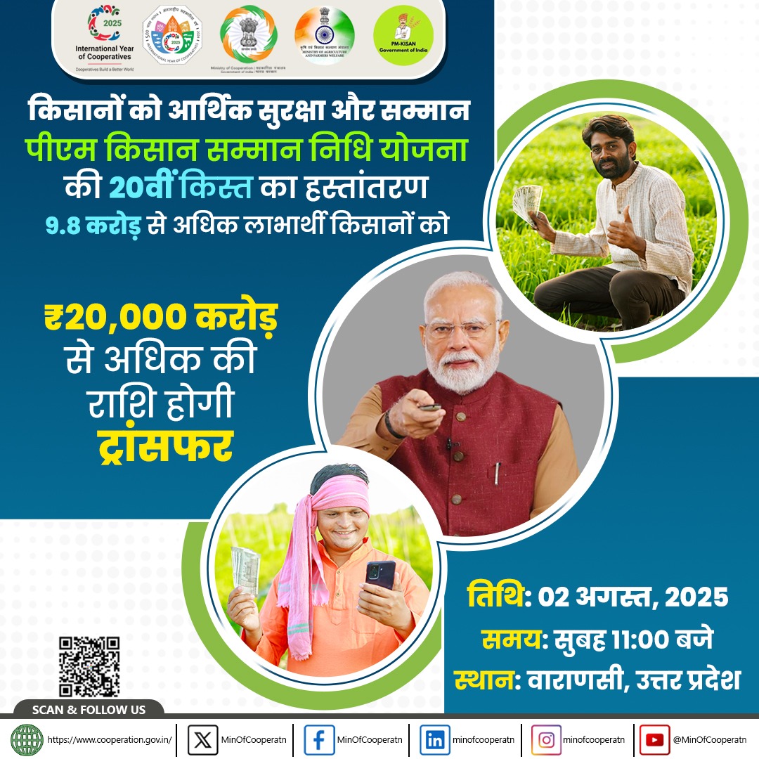 प्रधानमंत्री नरेन्‍द्र मोदी शनिवार को वाराणसी से पीएम-किसान योजना की 20वीं किस्त जारी करेंगे