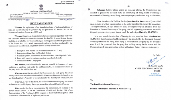 दिल्ली के मुख्य निर्वाचन अधिकारी ने कुछ निष्क्रिय राजनीतिक दलों को सूची से हटाने के लिए कारण बताओ नोटिस जारी किया