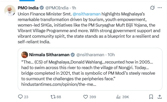 पीएम मोदी ने पर्यटन और वाइब्रेंट विलेज जैसे कार्यक्रमों से मेघालय में विशेष परिवर्तन का उल्‍लेख करने वाला एक लेख साझा किया