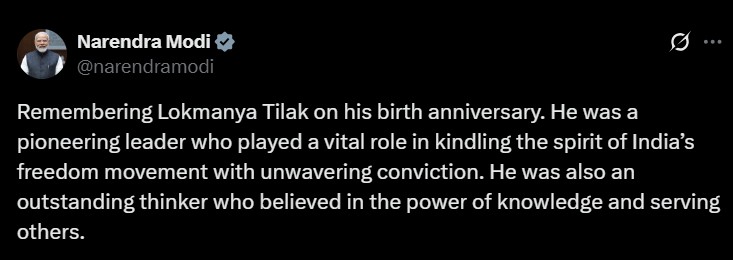PM Modi pays tribute to Lokmanya Tilak on his birth anniversary