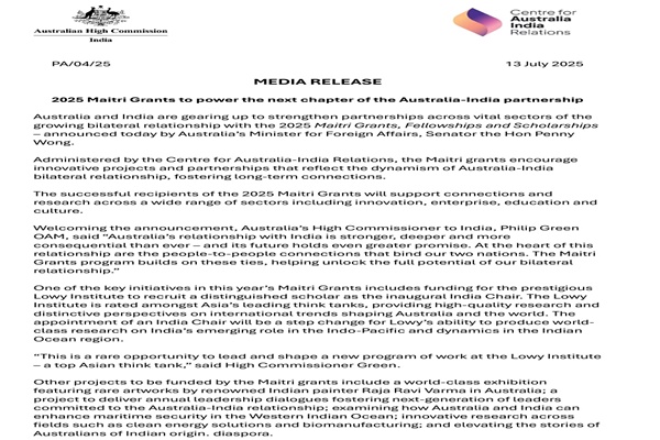 Australia announces 34 Maitri Awards to boost ties with India