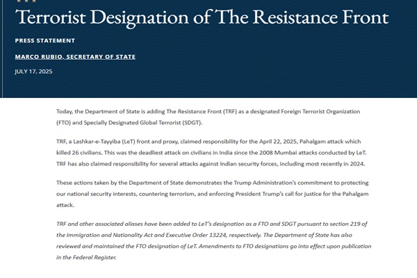 US designates LeT proxy The Resistance Front responsible for Pahalgam attack as terrorist organisation