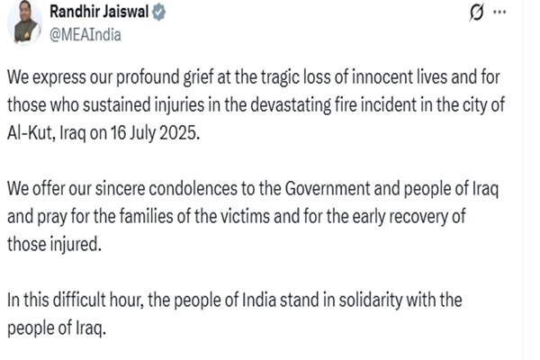 India mourns loss of lives in Al-Kut Fire, stands in solidarity with Iraq: MEA