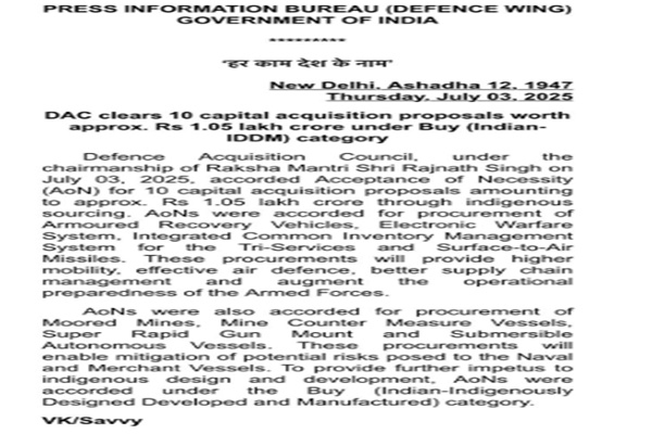 Defence Acquisition Council approves over ₹1 lakh crore indigenous procurement to augment armed forces’ preparedness