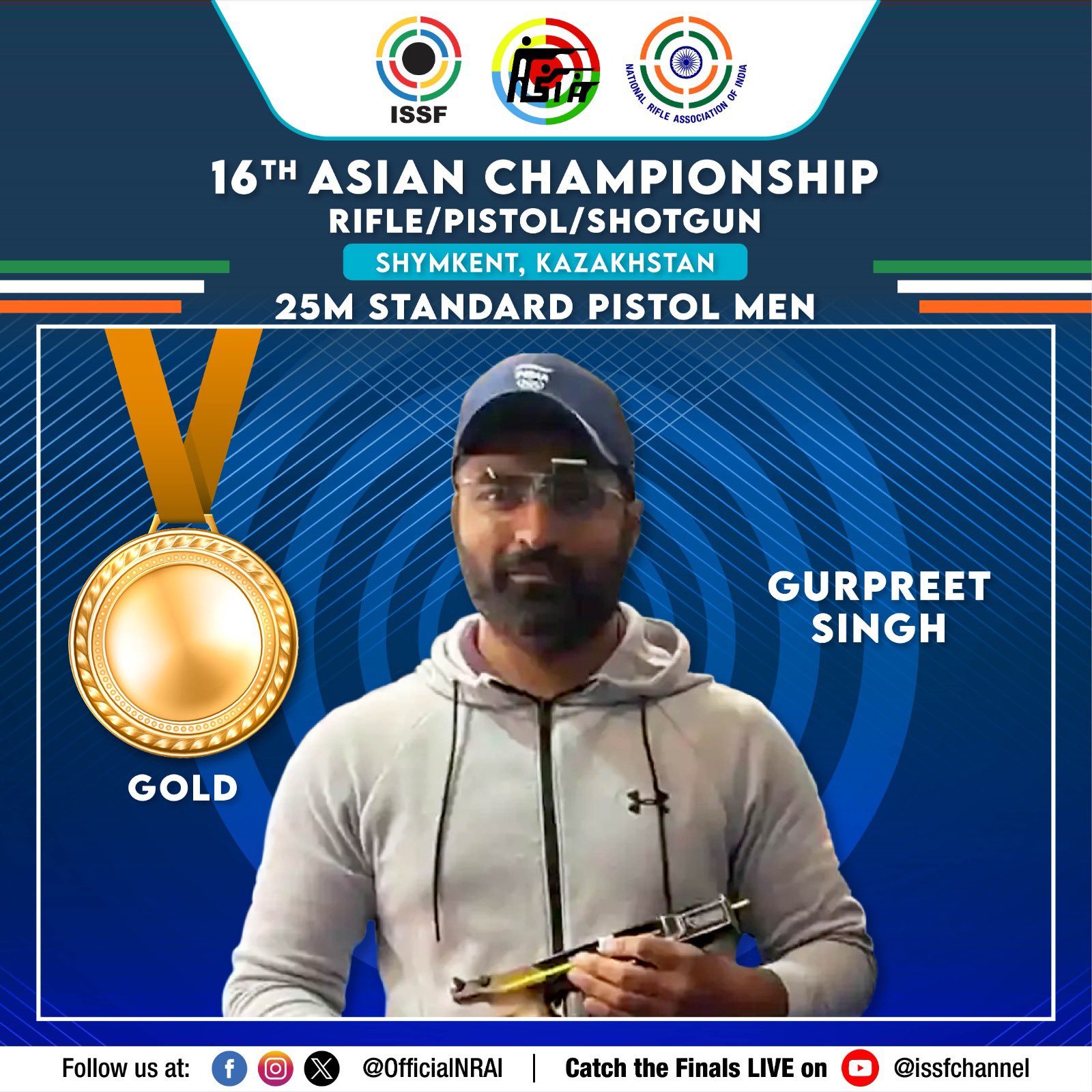 Gurpreet Singh Leads India to Team Gold in 25m Centre Fire at Asian Shooting Championships