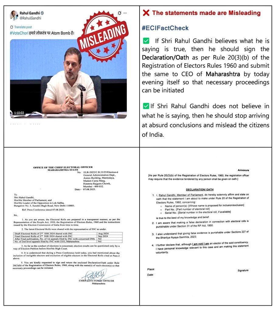 निर्वाचन आयोग ने कांग्रेस नेता राहुल गांधी से कहा- शपथ पत्र पर शिकायत दर्ज कराएं या फिर झूठ फैलाना बंद करें