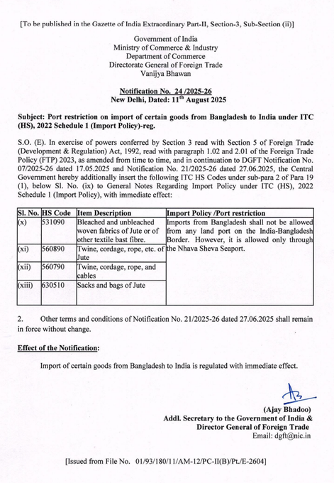 तागापासून निर्मित काही उत्पादनांची बांग्लादेशातून रस्ते वाहतुकीद्वारे आयात करण्यावर भारताची बंदी