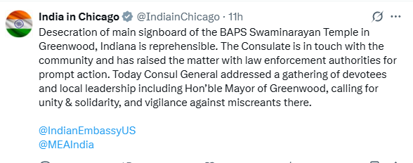 Indian Embassy in US condemns desecration of BAPS Swaminarayan Temple in Indiana