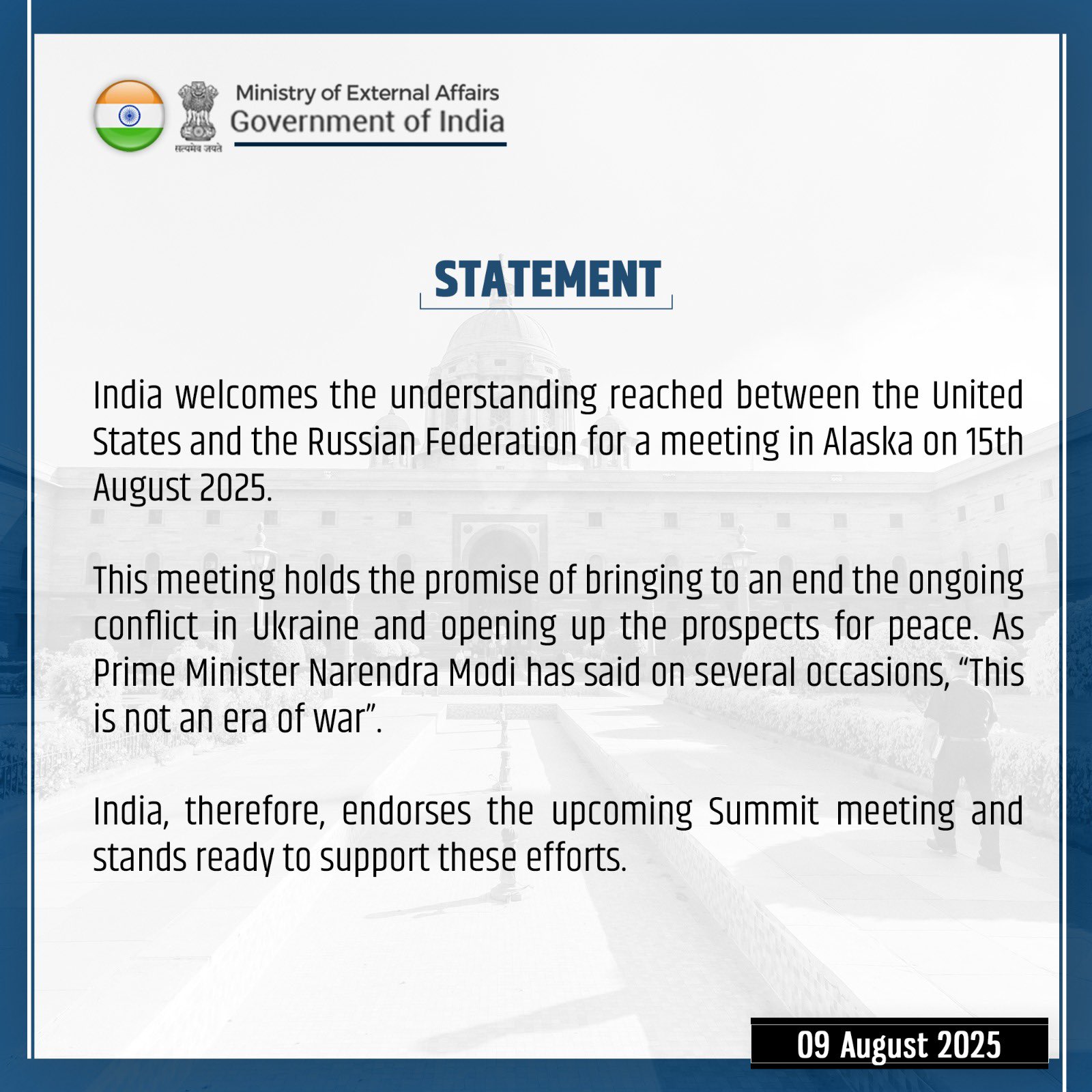 India welcomes proposed US-Russia Summit in Alaska on 15th August
