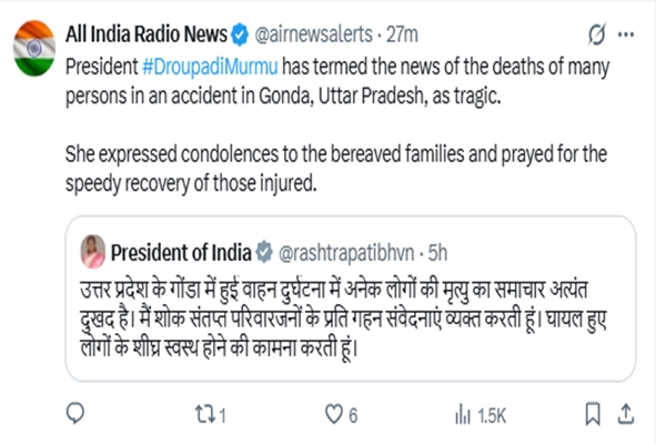 President Murmu Condoles Loss of Lives in Gonda Accident, Calls It Tragic