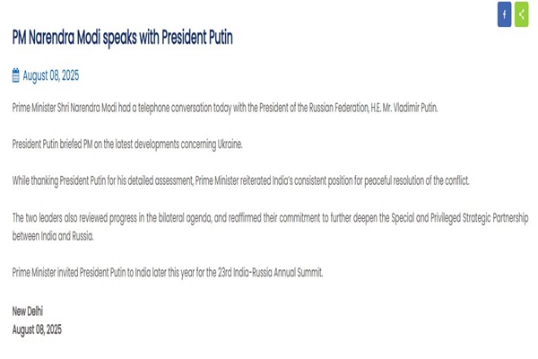 PM Modi, Russian Prez Putin Discuss Bilateral Relations On Phone
