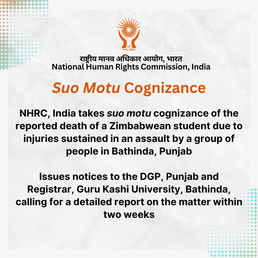 NHRC Issues Notices to Punjab DGP, Guru Kashi University Over Zimbabwean Student’s Death