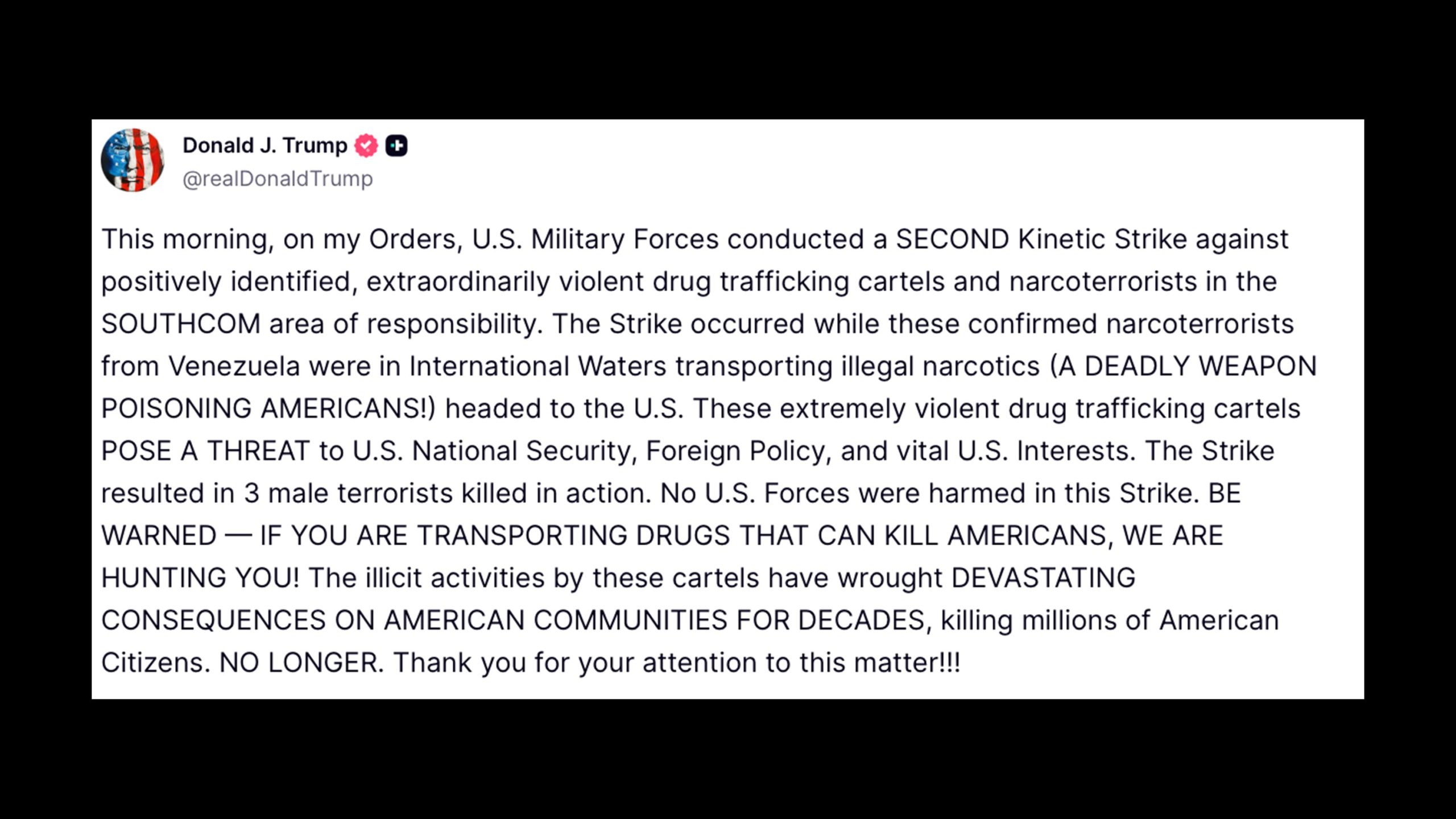 मादक पदार्थ ले जा रही वेनेजुएला की नौका पर अमरीका का हमला, तीन की मौत