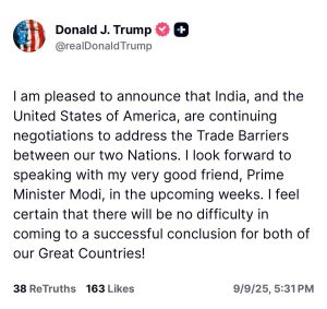 भारत के साथ व्यापार बाधाओं को दूर करने के लिए बातचीत जारी रहेगी: अमरीकी राष्ट्रपति डॉनाल्ड ट्रम्प