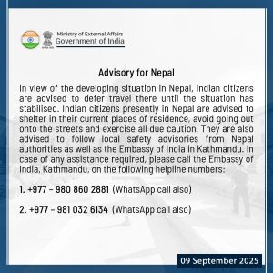Government advises Indian citizens to defer travel to Nepal until situation stabilises