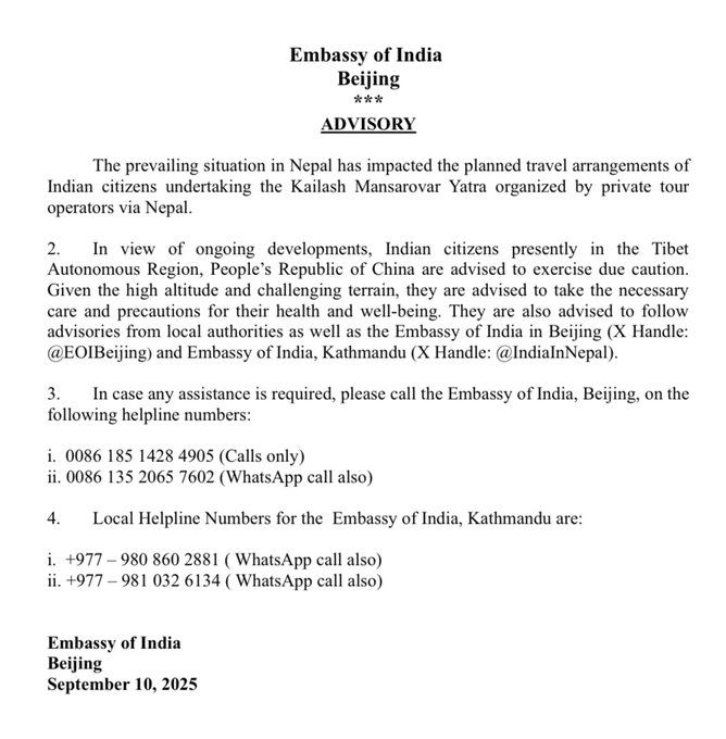 Indian Embassy in Beijing Issues Advisory for Stranded Kailash Yatra Pilgrims