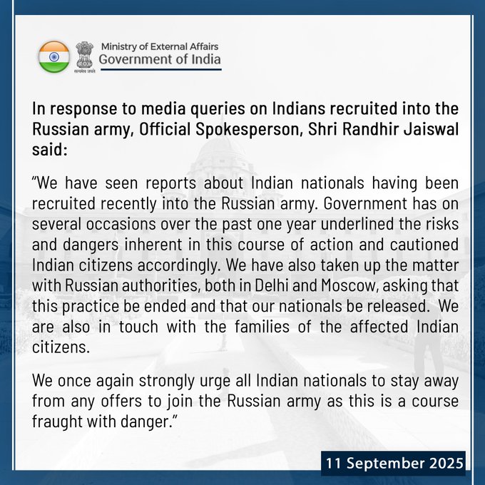 सरकार ने भारतीय नागरिकों से रूस की सेना में शामिल होने के प्रस्ताव से दूर रहने को कहा