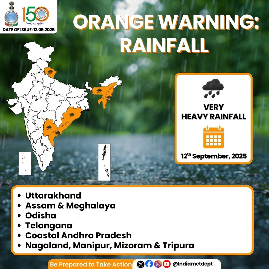 पूर्वोत्तर, बिहार, बंगाल, तेलंगाना और उत्तराखंड के कुछ इलाकों में कल तक मूसलाधार बारिश की संभावना