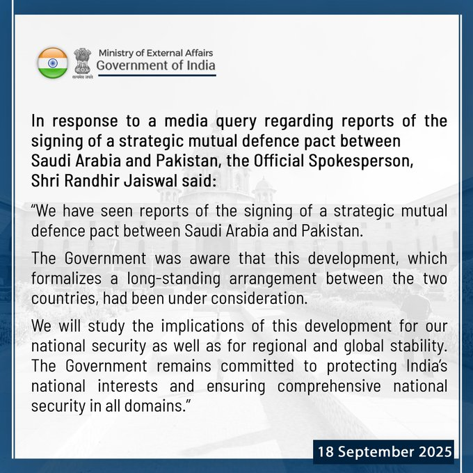 India Reacts to Saudi-Pakistan Defense Pact, Vows to Safeguard National Security