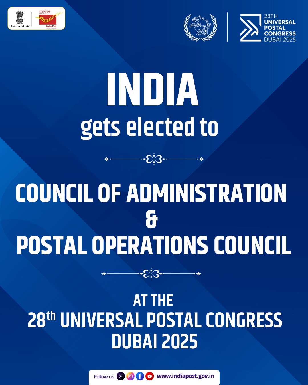 India re-elected to Council of Administration & POC at 28th Universal Postal Congress