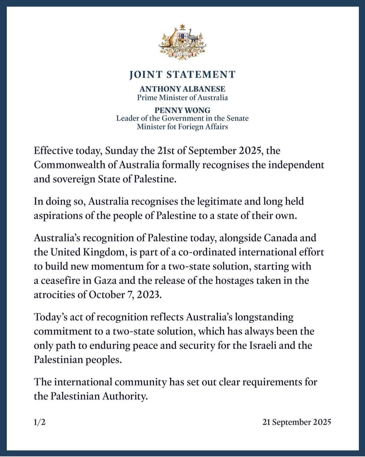 ব্রিটেন, কানাডা, এবং অস্ট্রেলিয়া ঐতিহাসিক পদক্ষেপ হিসেবে প্যালেস্তাইনকে আনুষ্ঠানিকভাবে রাষ্ট্র হিসেবে স্বীকৃতি দিয়েছে।