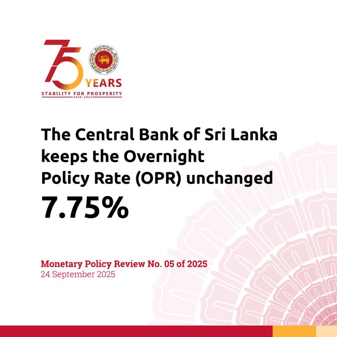 Sri Lanka Central Bank Keeps Policy Rate Unchanged at 7.75%