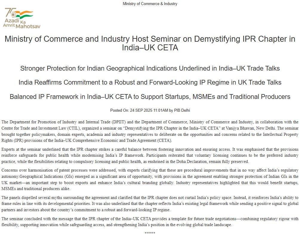 Commerce Ministry Organises Seminar on India-UK CETA IPR Chapter