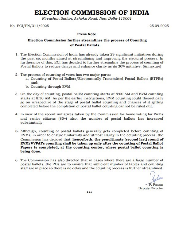 निर्वाचन आयोग ने डाक मतपत्रों की गिनती की प्रक्रिया को सुव्यवस्थित करने के लिए नए निर्देश जारी किए