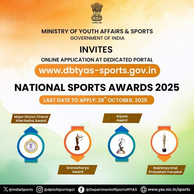 ২০২৫ বৰ্ষৰ ক্ৰীড়া বঁটাৰ বাবে কেন্দ্ৰীয় যুৱ পৰিক্ৰমা আৰু ক্ৰীড়া মন্ত্ৰালয়ৰ আবেদন আহ্বান