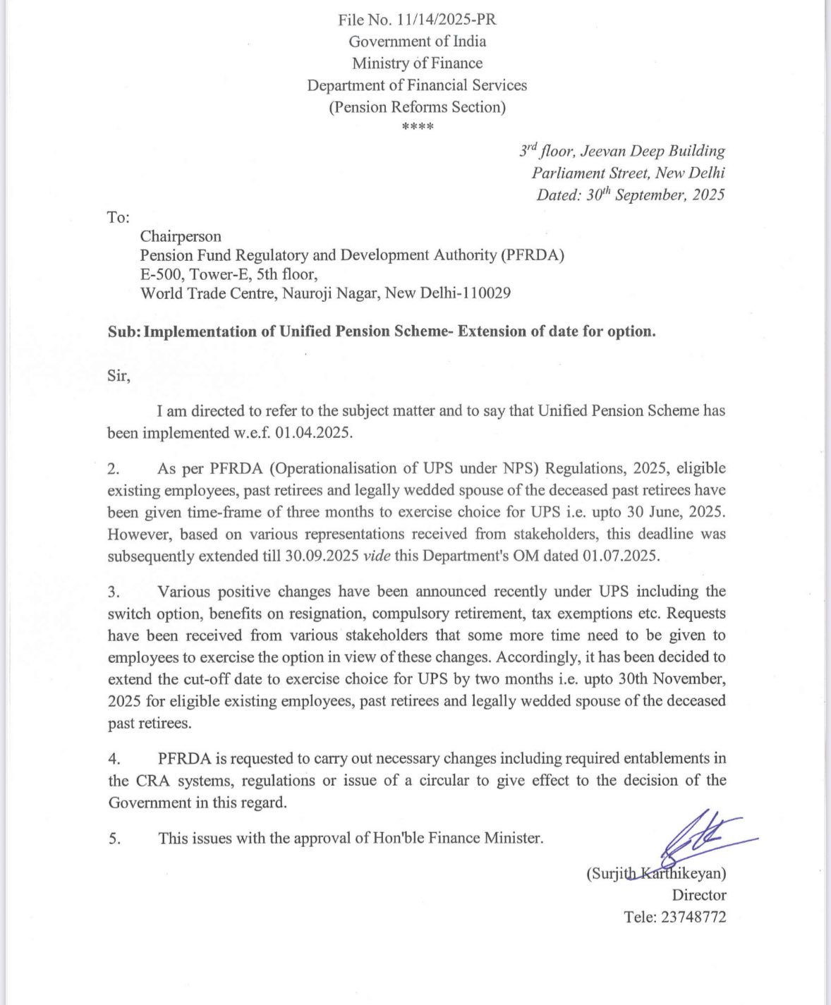 Government Extends Unified Pension Scheme Choice Deadline to 30th November
