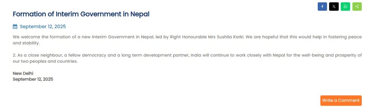 India Welcomes Formation of Interim Government in Nepal Led by Sushila Karki