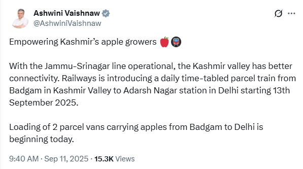 कश्मीर के बड़गाम से दिल्ली के आदर्श नगर स्टेशन दैनिक मालगाड़ी शुरू: रेल मंत्री अश्विनी वैष्णव