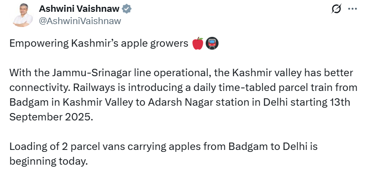 बडगामपासून ते आदर्श नगर पर्यंत पार्सल वाहून नेणारी एक विशेष रेल्वे गाडी सुरू करण्यात येणार- रेल्वे मंत्री