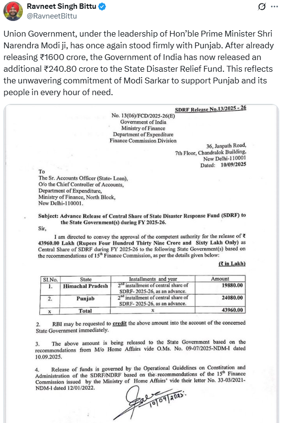 पूरग्रस्त पंजाब राज्यासाठी २४० कोटी ८० लाख रुपयांचा अतिरिक्त निधी जारी