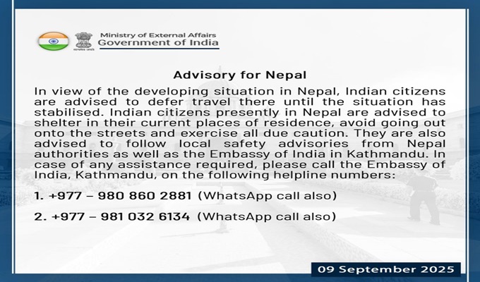 Govt advises people to defer travel to Nepal till situation normalises