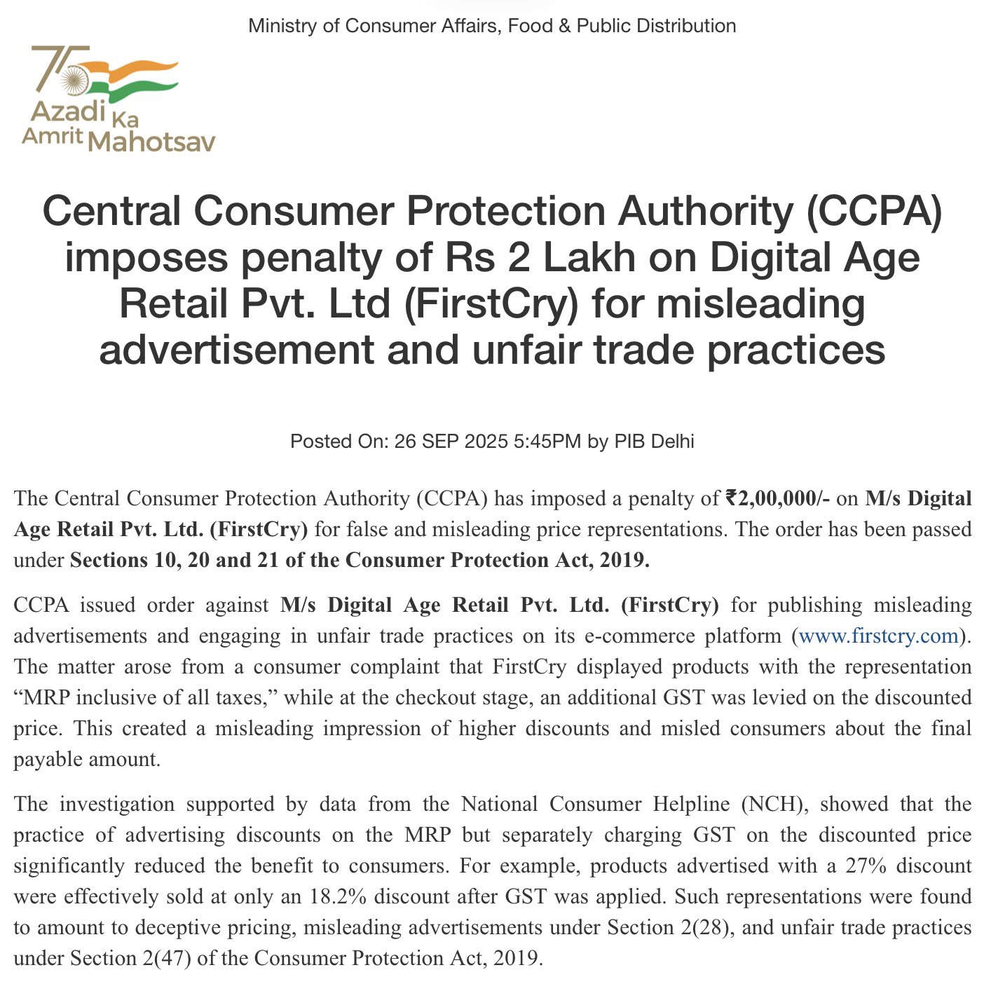 CCPA Fines E-Commerce Company ₹2 Lakh for Misleading Price Display
