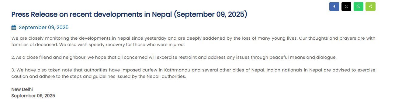 MEA Advises Indian Nationals in Nepal to Exercise Caution Amid Protests