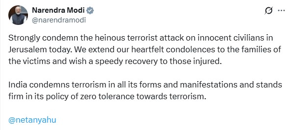 PM Modi Strongly Condemns Terrorist Attack on Civilians in Jerusalem