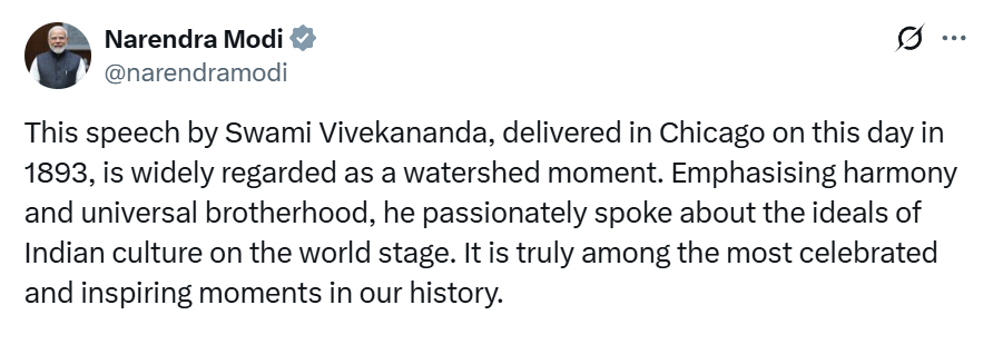 PM Modi Shares Swami Vivekananda’s 1893 Chicago Address on 132nd Anniversary