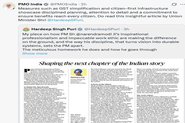PM Modi Shares Article on Transformative Impact of GST Simplification and Citizen-Centric Infrastructure