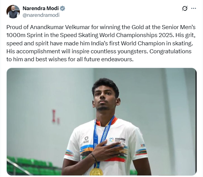 प्रधानमंत्री मोदी ने आनंद कुमार वेलकुमार को स्प्रिंट स्केटिंग विश्व चैम्पियनशिप में स्वर्ण जीत पर दी बधाई