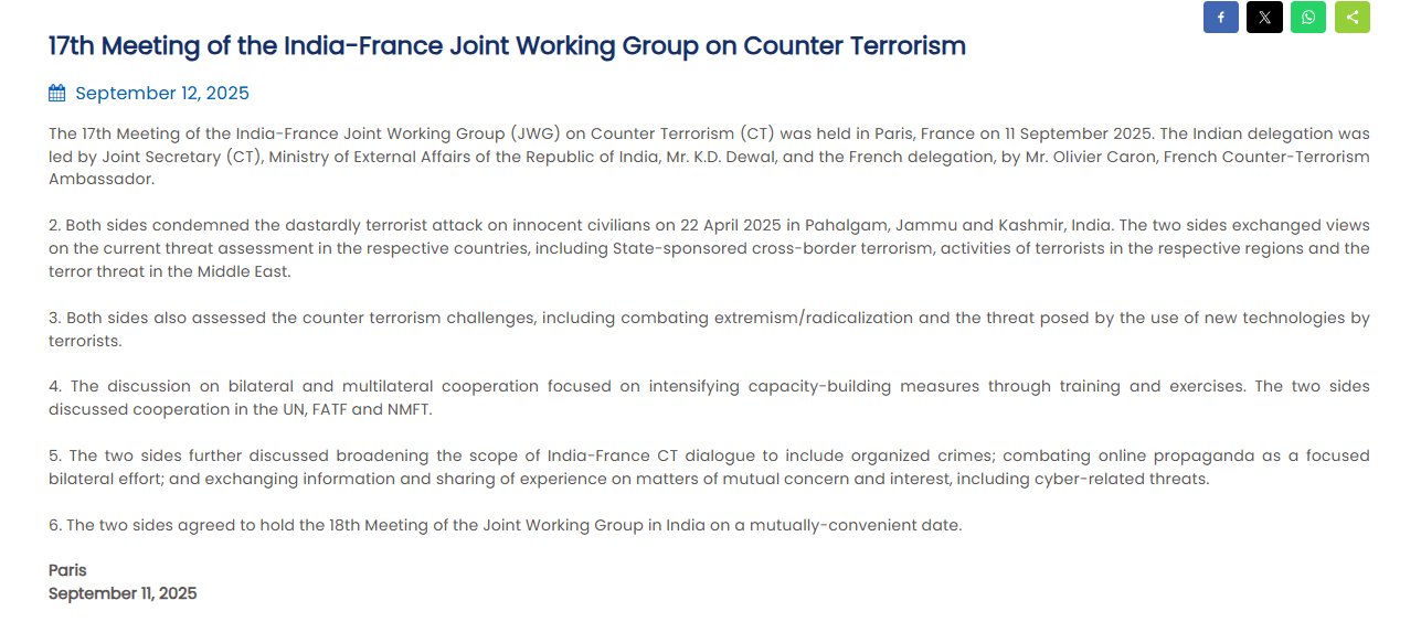 India, France Condemn Pahalgam Terror Attack at 17th Counter-Terrorism Meet