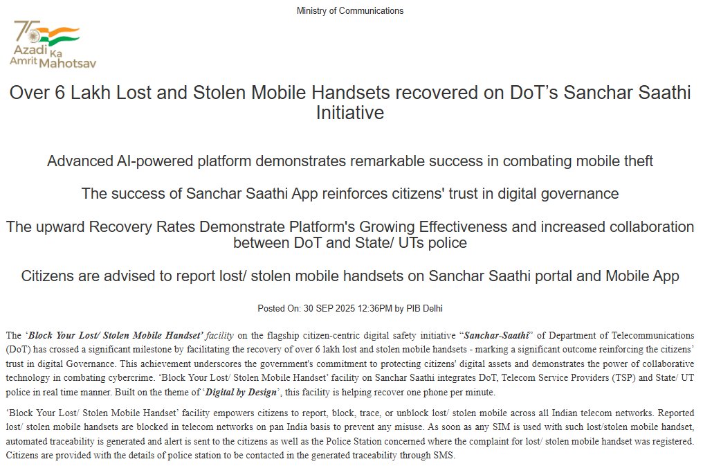 Sanchar Saathi Initiative Helps Recover Over 6 Lakh Lost and Stolen Mobile Phones
